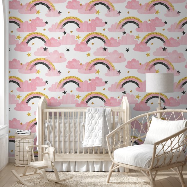 Watercolor Pink Rainbow Clouds Stars Girls Nursery Wallpaper (Kids)