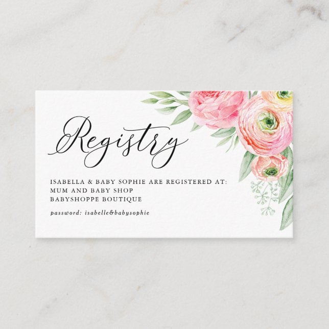 Watercolor Pink Ranunculus Baby Shower Registry Enclosure Card (Front)