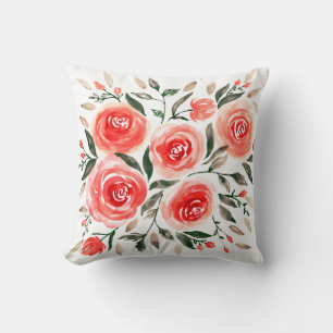 Watercolor Pink Red Floral Roses Pattern Throw Pillow
