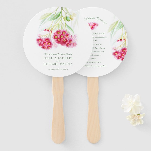 Watercolor pink red flowers gumtree wedding hand fan (Front and Back)