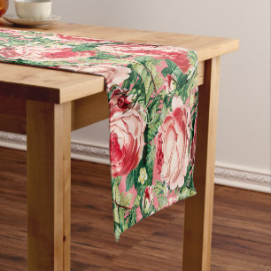 Watercolor Pink & Red Rose Flowers & Green Leaves Short Table Runner