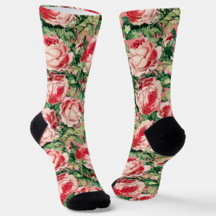 Watercolor Pink & Red Rose Flowers & Green Leaves Socks