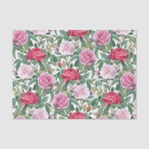 Watercolor Pink & Red Rose Flowers & Green Leaves Tissue Paper
