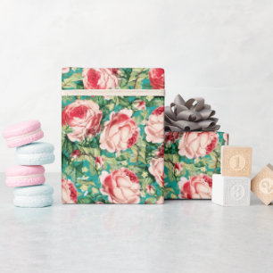 Watercolor Pink & Red Rose Flowers & Green Leaves Wrapping Paper