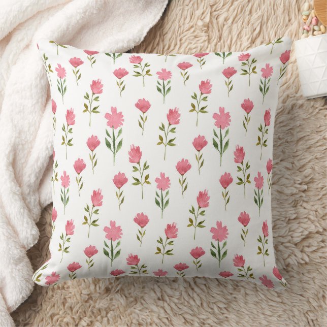 Watercolor Pink Red Spring Flowers Pattern Throw Pillow (Blanket)