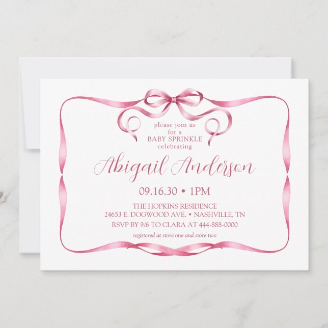 Watercolor Pink Ribbon Baby Sprinkle Invitation (Front)