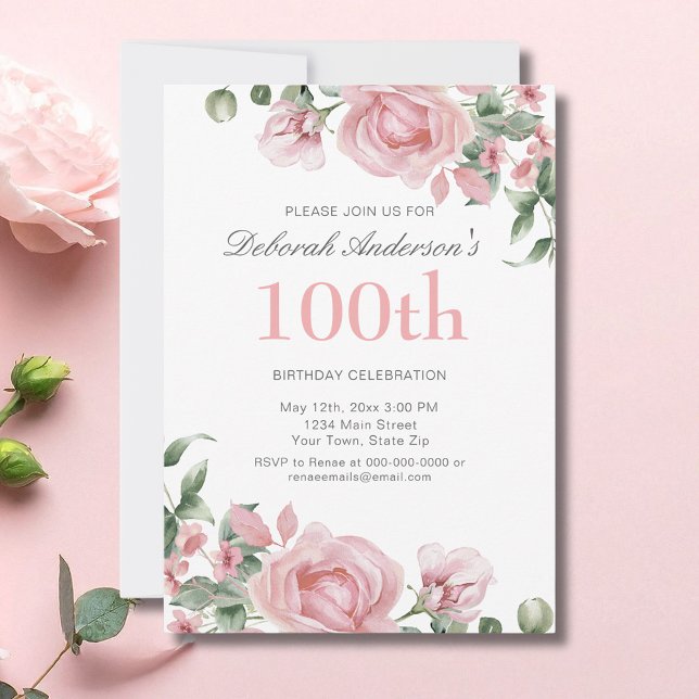 Watercolor PInk Rose 100th Birthday Party  Invitation (Creator Uploaded)