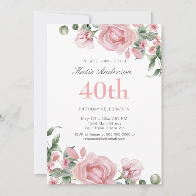 Watercolor PInk Rose 40th Birthday Party  Invitation (Front)