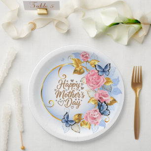 Watercolor Pink Rose & Blue Butterfly Mother’s Day Paper Plate