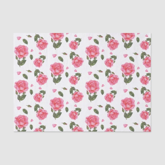 Watercolor Pink Rose Botanical Illustration Tissue Paper (Front)