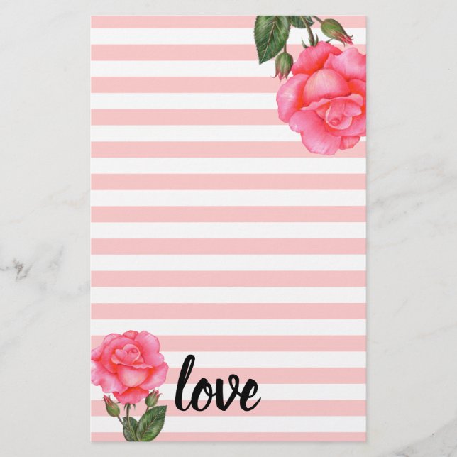 Watercolor Pink Rose Floral Art Stripes Stationery (Front)