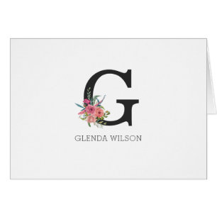 Watercolor Pink Rose Floral Monogram Note Card