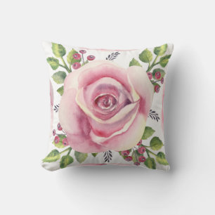 Watercolor Pink Rose Floral Throw Pillow