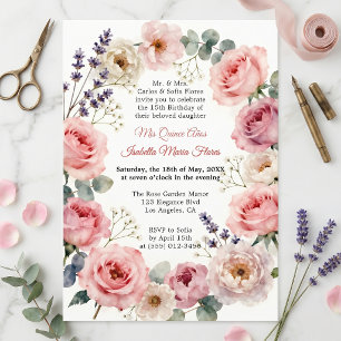 Watercolor Pink Rose Floral Wreath Quinceañera Invitation