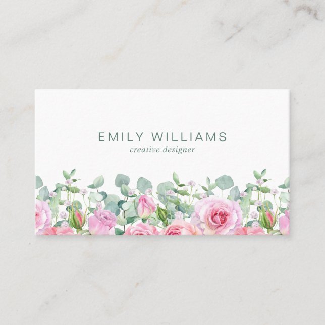 Watercolor Pink Rose Flowers Business Card (Front)