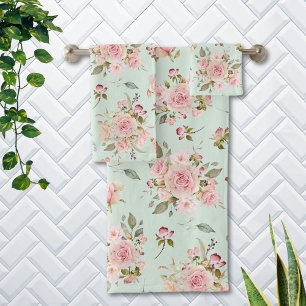 Watercolor Pink Rose Flowers Floral Pattern Bath Towel Set
