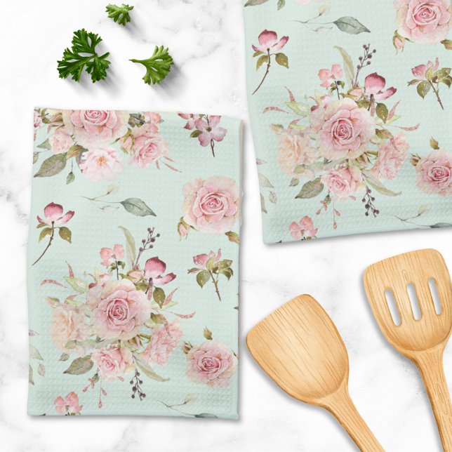 Watercolor Pink Rose Flowers Floral Pattern Kitchen Towel (In situ)