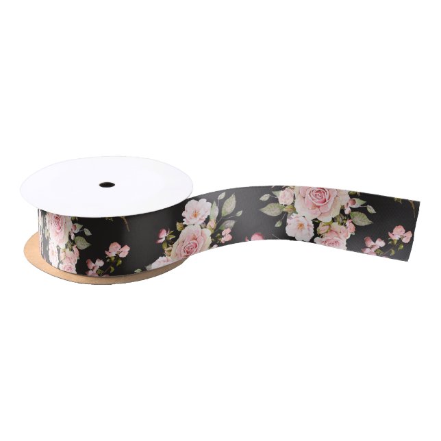 Watercolor Pink Rose Flowers Floral Pattern Satin Ribbon (Spool)