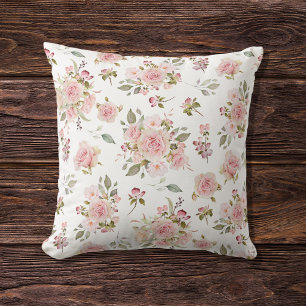 Watercolor Pink Rose Flowers Floral Pattern Throw Pillow