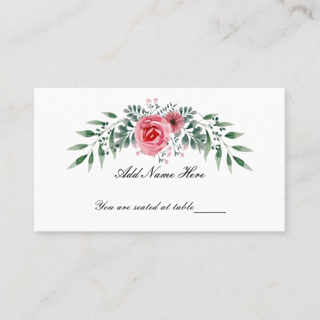 Watercolor Pink Rose Greenery Foliage Place Card (Front)