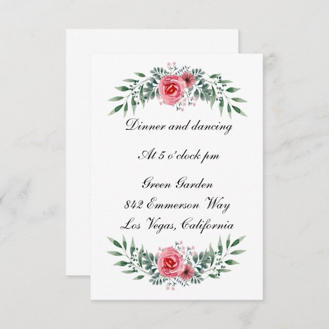 Watercolor Pink Rose Greenery Foliage Reception Enclosure Card (Front/Back)