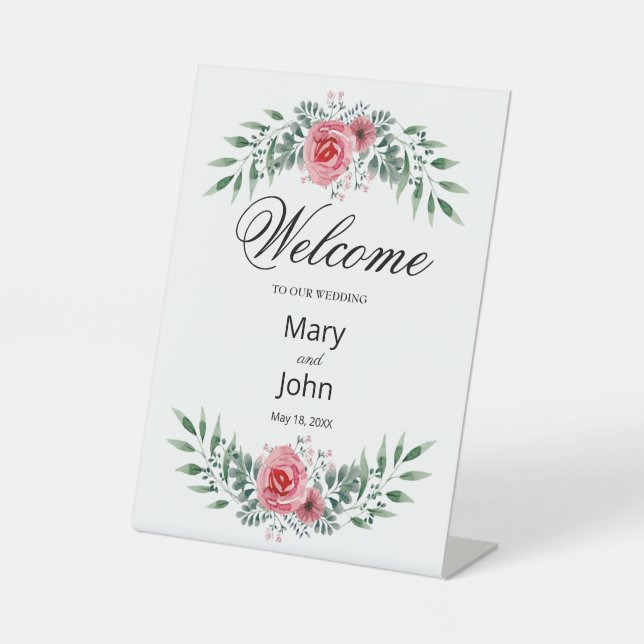 Watercolor Pink Rose Greenery Foliage Wedding Pedestal Sign (Front)