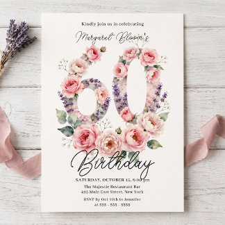 Watercolor Pink Rose & Lavender 60th Birthday Invitation