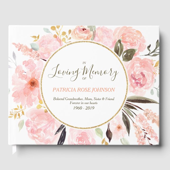 Watercolor  Pink Rose Memorial Funeral Remembrance Guest Book (Front)