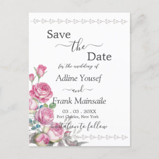 Watercolor Pink Rose Save the Date Postcard