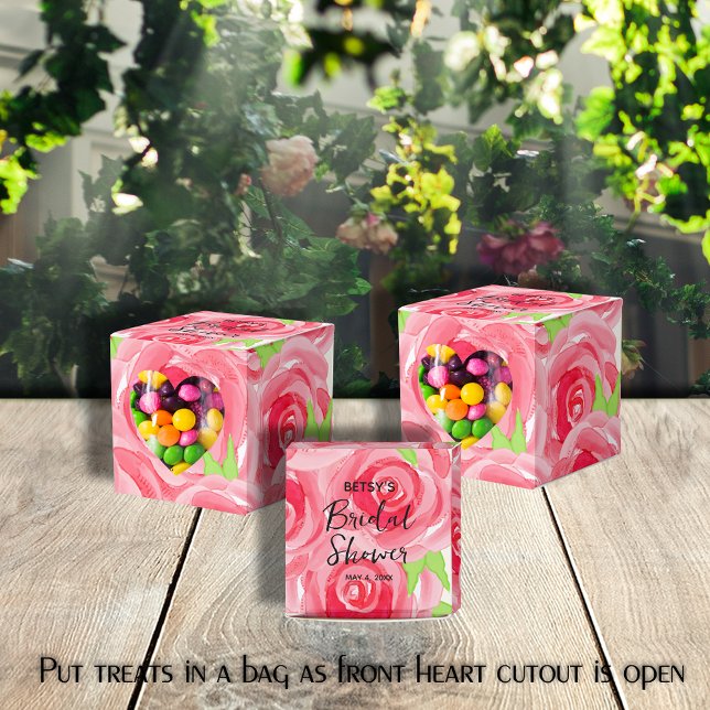 Watercolor Pink Roses 2" Party Favor Box (2" square favor boxes have a heart cut out in the front. Put treats in a bag as heart is open.)
