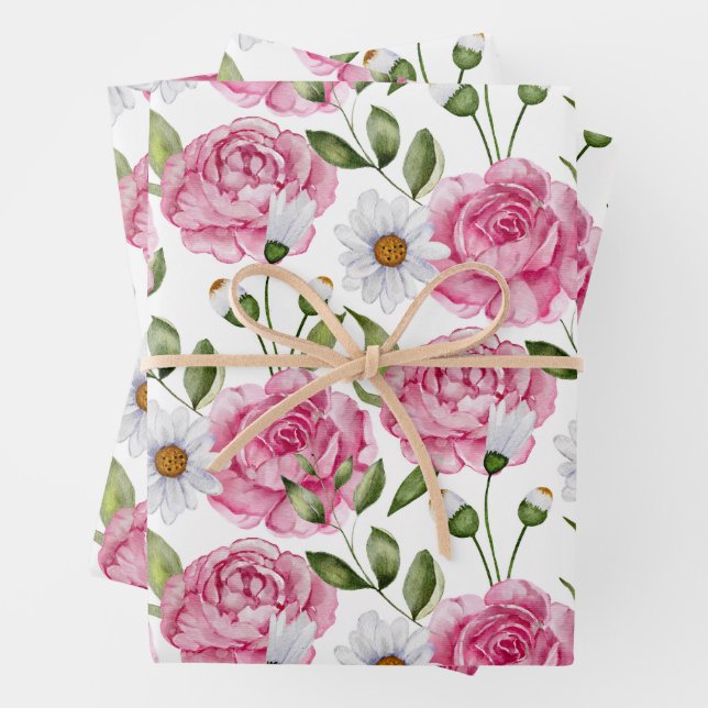 Watercolor Pink Roses and Daisy Flowers  Wrapping Paper Sheet (In situ)
