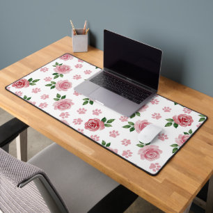 Watercolor Pink Roses and Paw Prints Desk Mat