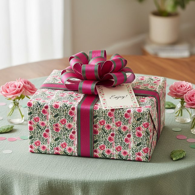 Watercolor pink roses and white stripes pattern wrapping paper (Creator Uploaded)