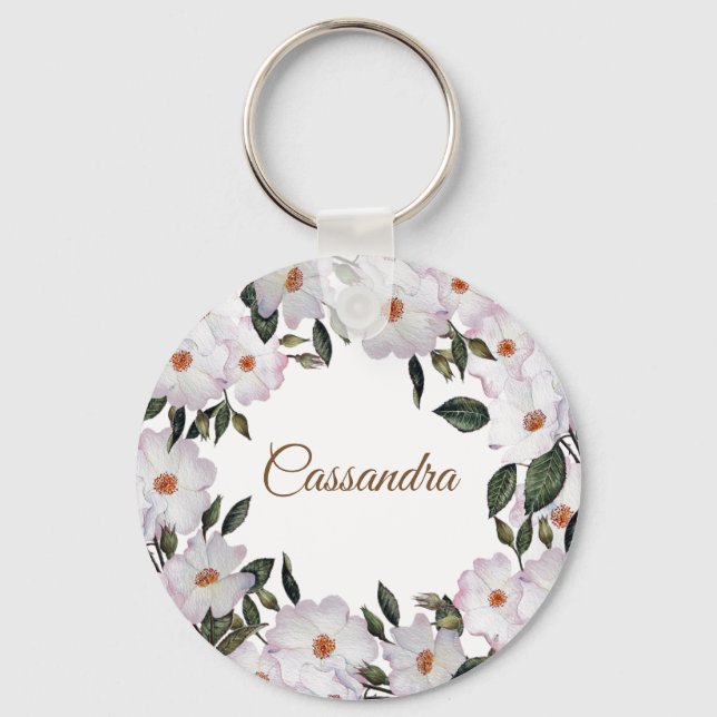 Watercolor Pink Roses Ballerina Floral Design Keychain (Front)