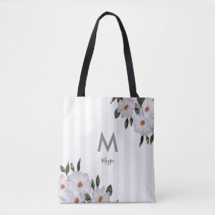 Watercolor Pink Roses Ballerina Floral Monogram Tote Bag