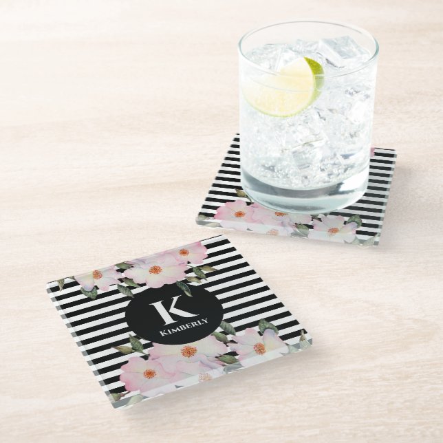 Watercolor Pink Roses Ballerina Stripes Monogram Glass Coaster (Angled)