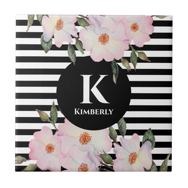 Watercolor Pink Roses Ballerina Stripes Monogram Tile (Front)