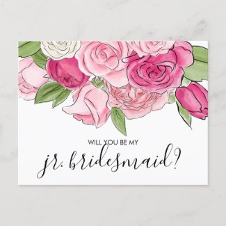 Watercolor Pink Roses Be My Jr Bridesmaid Postcard