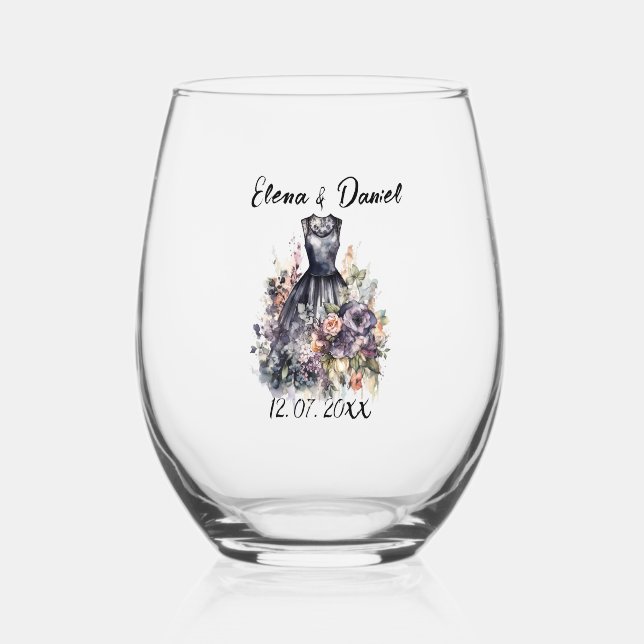 Watercolor pink roses black wedding dress stemless wine glass (Front)