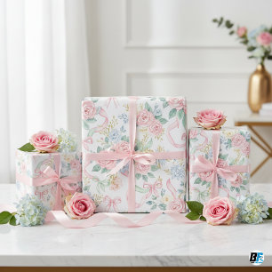 Watercolor Pink Roses Blue Floral Ribbons & Bows Wrapping Paper