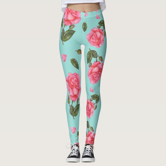 Watercolor Pink Roses Botanical Illustration Leggings (Front)