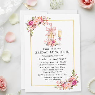 Watercolor Pink Roses Bow Bridal Shower Luncheon Invitation