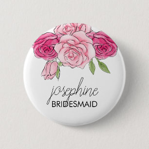 Watercolor Pink Roses Bridal Bridesmaid Button