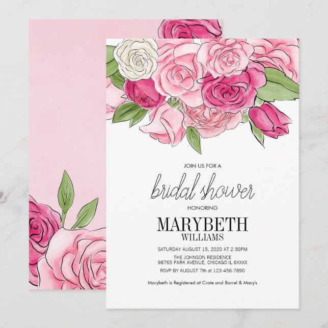 Watercolor Pink Roses Bridal Shower Invitation (Front/Back)