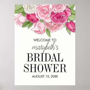 Watercolor Pink Roses Bridal Shower Welcome Poster