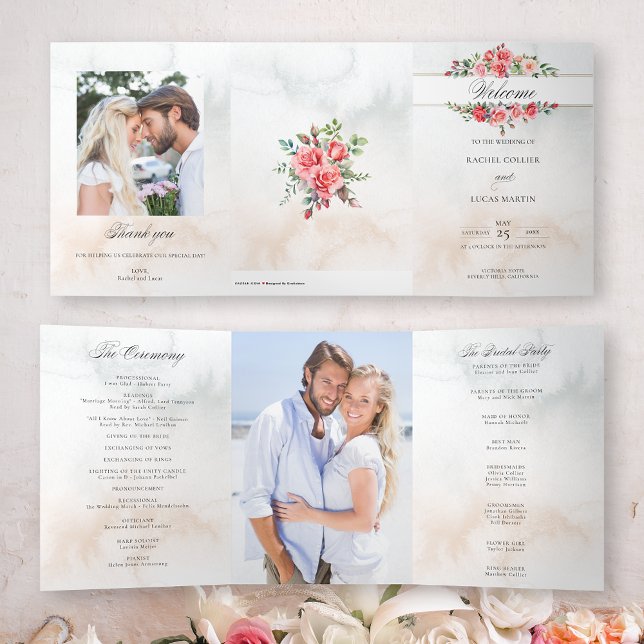 Watercolor Pink Roses & Calligraphy Program Tri-Fold Card (Creator Uploaded)