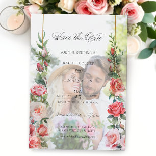 Watercolor Pink Roses & Calligraphy Save the Date Vellum Invitations