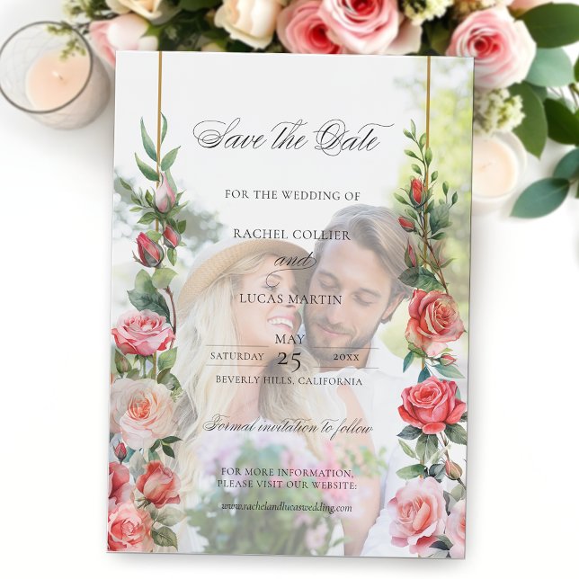 Watercolor Pink Roses & Calligraphy Save the Date Vellum Invitations (Creator Uploaded)