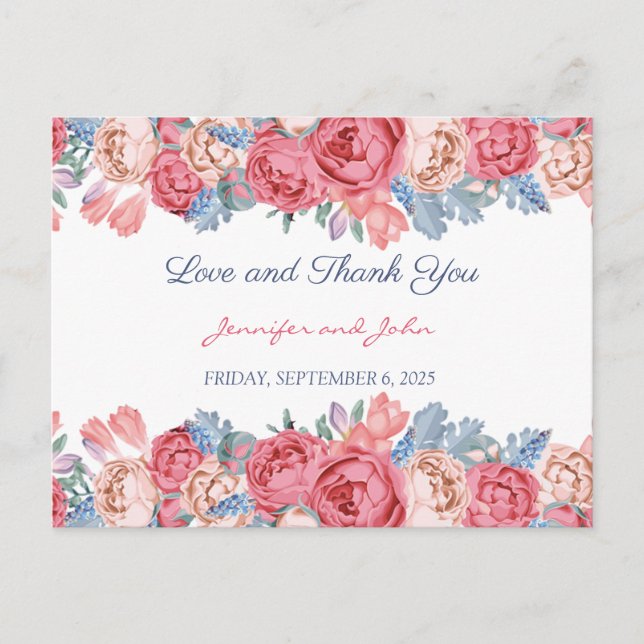 Watercolor Pink Roses Chic Wedding Thank You Postcard (Front)