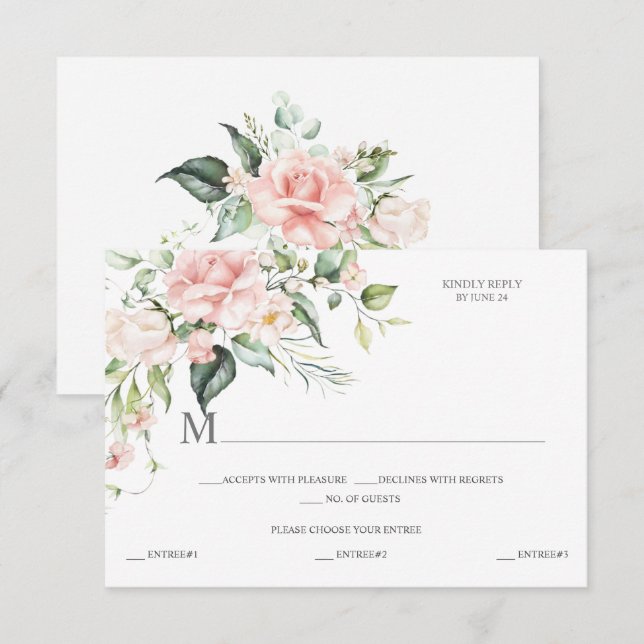 Watercolor Pink Roses Eucalyptus Botanical RSVP Card (Front/Back)